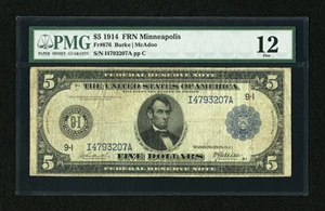 image for: Fr. 876 $5 1914 Federal Reserve Note PMG Fine 12....