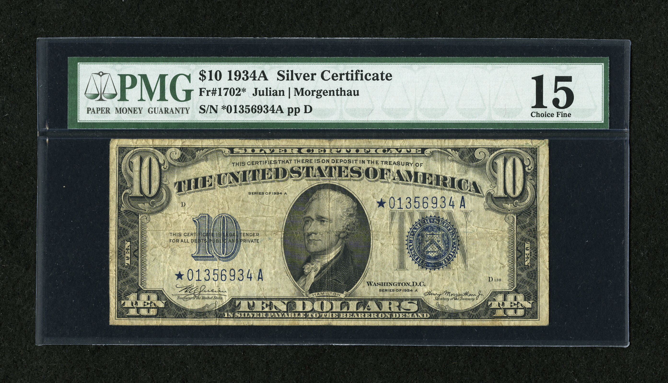 image for: Fr. 1702* $10 1934A Silver Certificate Star. PMG Choice Fine 15....