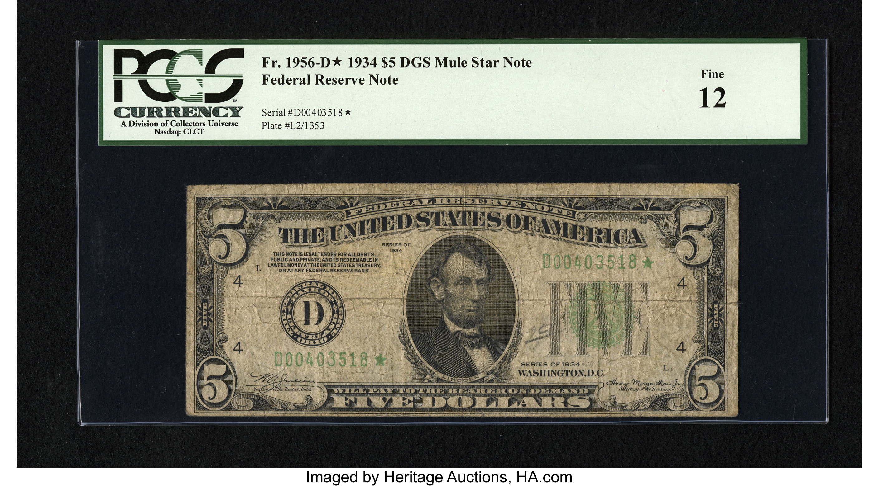 image for: Fr. 1956-D* $5 1934 Dark Green Seal Mule Federal Reserve Star Note. PCGS Fine 12....