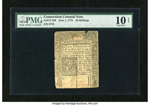 image for: Connecticut June 1, 1775 20s Slash Cancel PMG Net Very Good 10....