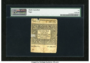 image for: Connecticut June 1, 1775 20s Slash Cancel PMG Net Very Good 10....