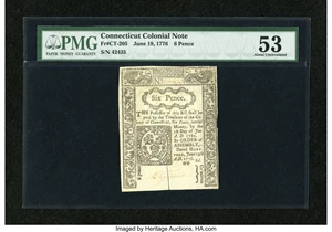 image for: Connecticut June 19, 1776 6d Slash Cancel PMG About Uncirculated 53....