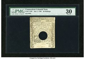 image for: Connecticut July 1, 1780 20s Hole Cancel PMG Very Fine 30....