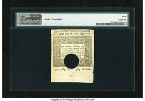 image for: Connecticut July 1, 1780 20s Hole Cancel PMG Very Fine 30....