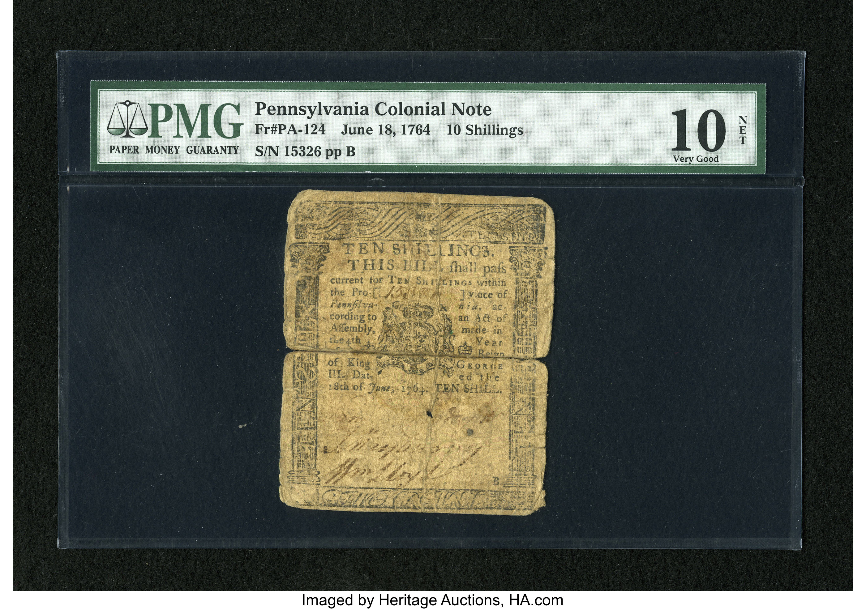 image for: Pennsylvania June 18, 1764 10s PMG Very Good 10 Net....