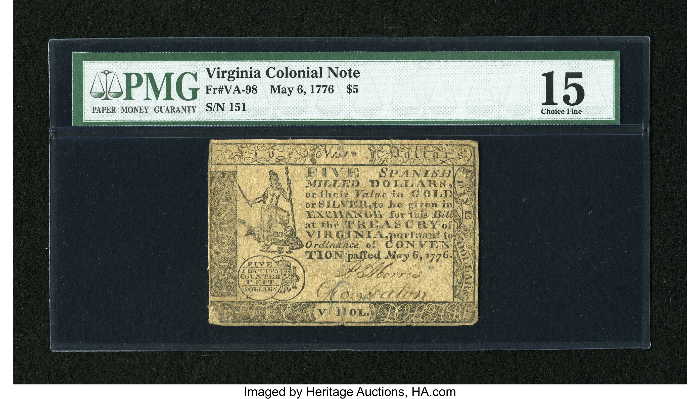 image for: Virginia May 6, 1776 $5 PMG Choice Fine 15....