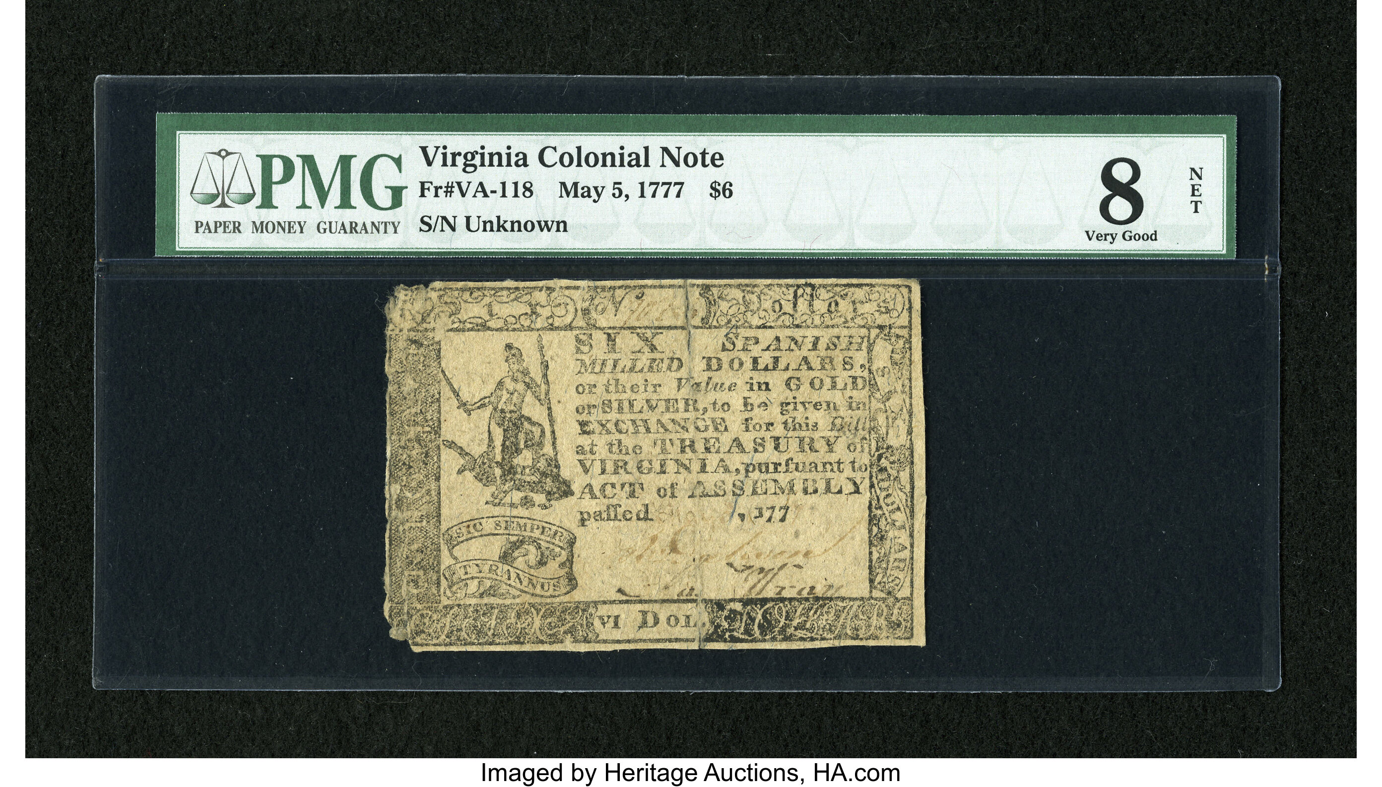 image for: Virginia May 5, 1777 $6 PMG Net Very Good 8....