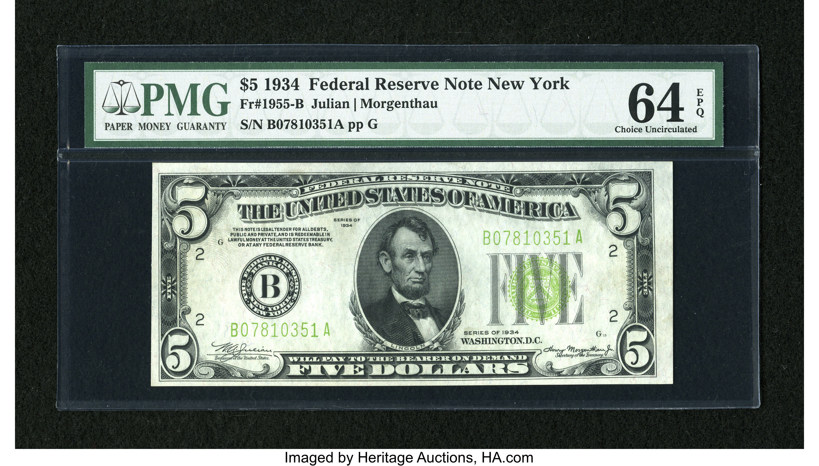 image for: Fr. 1955-B $5 1934 LGS Federal Reserve Note. PMG Choice Uncirculated 64 EPQ....