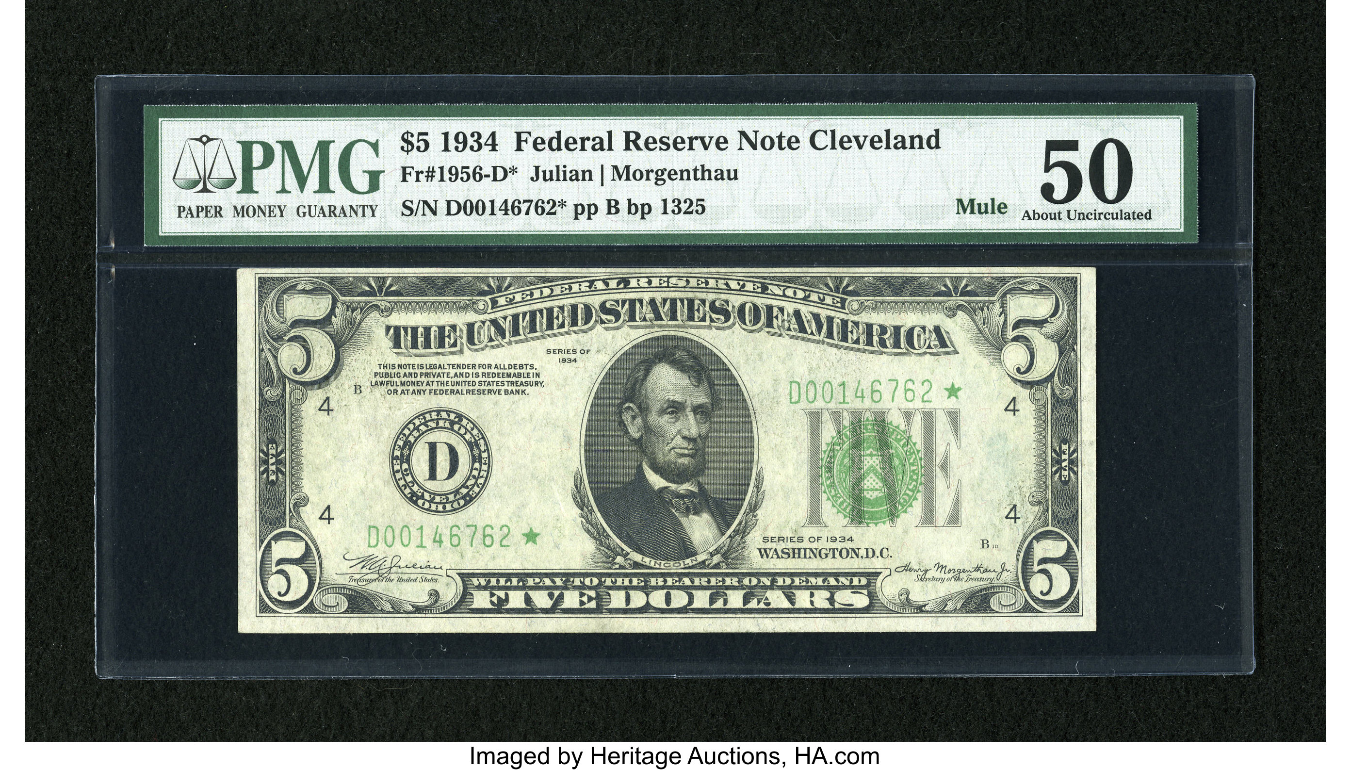 image for: Fr. 1956-D* $5 1934 Mule Federal Reserve Note. PMG About Uncirculated 50....