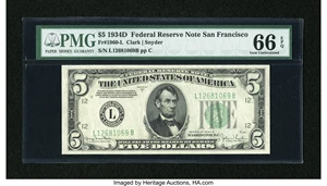 image for: Fr. 1960-L $5 1934D Federal Reserve Note. PMG Gem Uncirculated 66 EPQ....