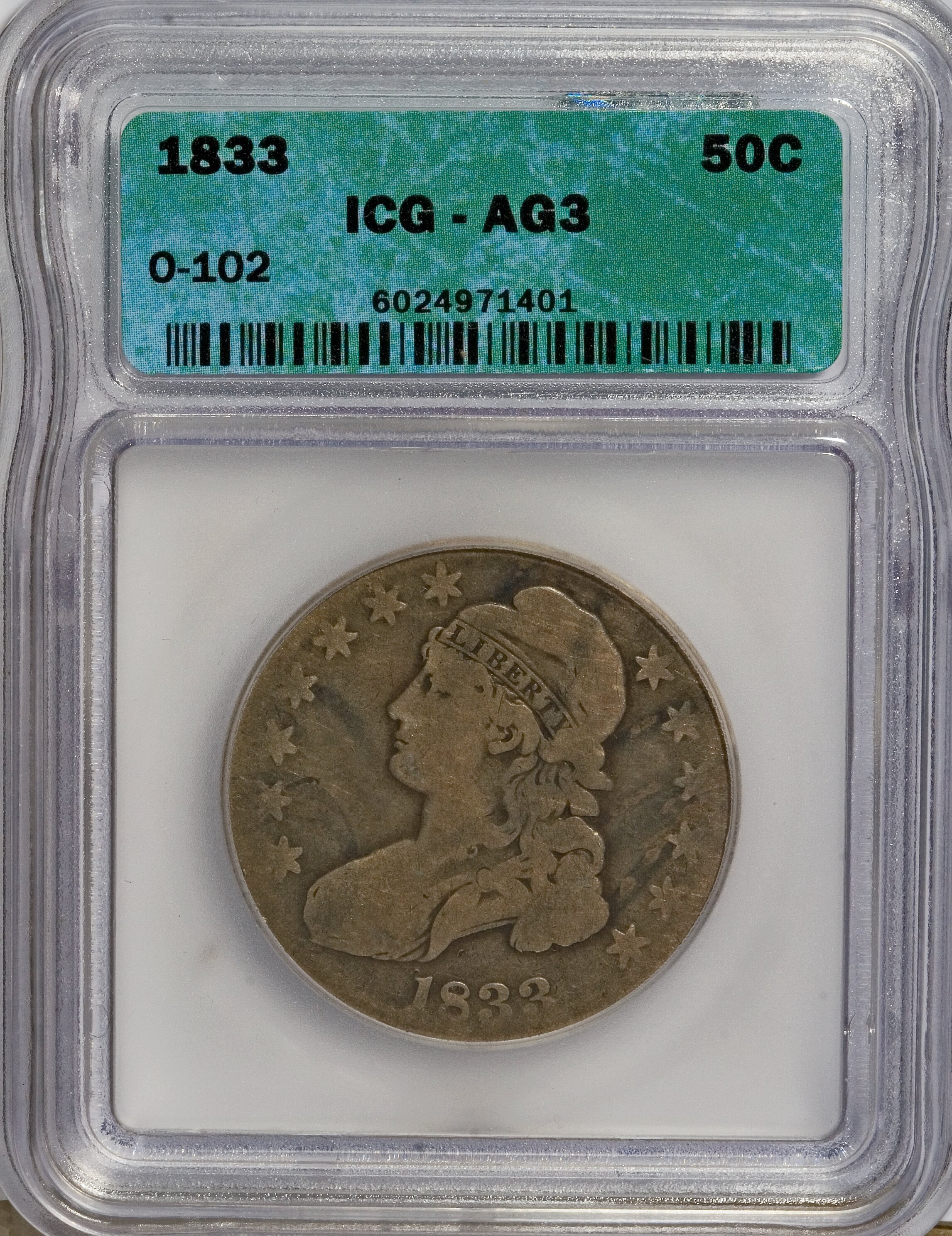 1833 50C AG3 ICG. O-102. NGC Census: (78/744). PCGS Population (74/621). Mintage: 5,206,000. Numismedia Wsl. Price for NGC/...