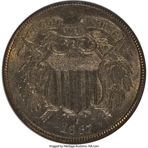 image for: 1867 2C MS66 Brown NGC. NGC Census: (3/0). PCGS Population (0/0). Mintage: 2,938,750. Numismedia Wsl. Price for NGC/PCGS co...