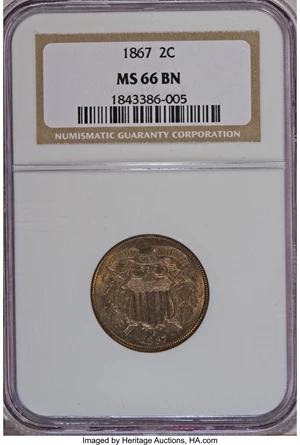 image for: 1867 2C MS66 Brown NGC. NGC Census: (3/0). PCGS Population (0/0). Mintage: 2,938,750. Numismedia Wsl. Price for NGC/PCGS co...