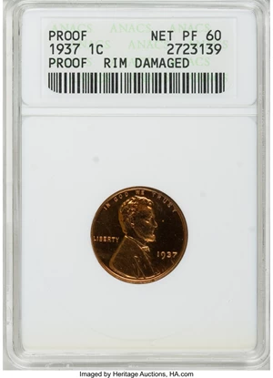 image for: 1937 1C --Rim Damaged--PR60 Brown ANACS. Proof Net PR60. NGC Census: (0/11). PCGS Population (0/5). Mintage: 9,320. Numisme...