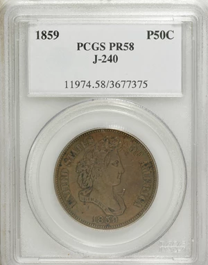 image for: 1859 P50C Half Dollar, Judd-240, Pollock-296, R.5, PR58 PCGS. PCGS Population (1/13). NGC Census: (0/0). (#11974)...