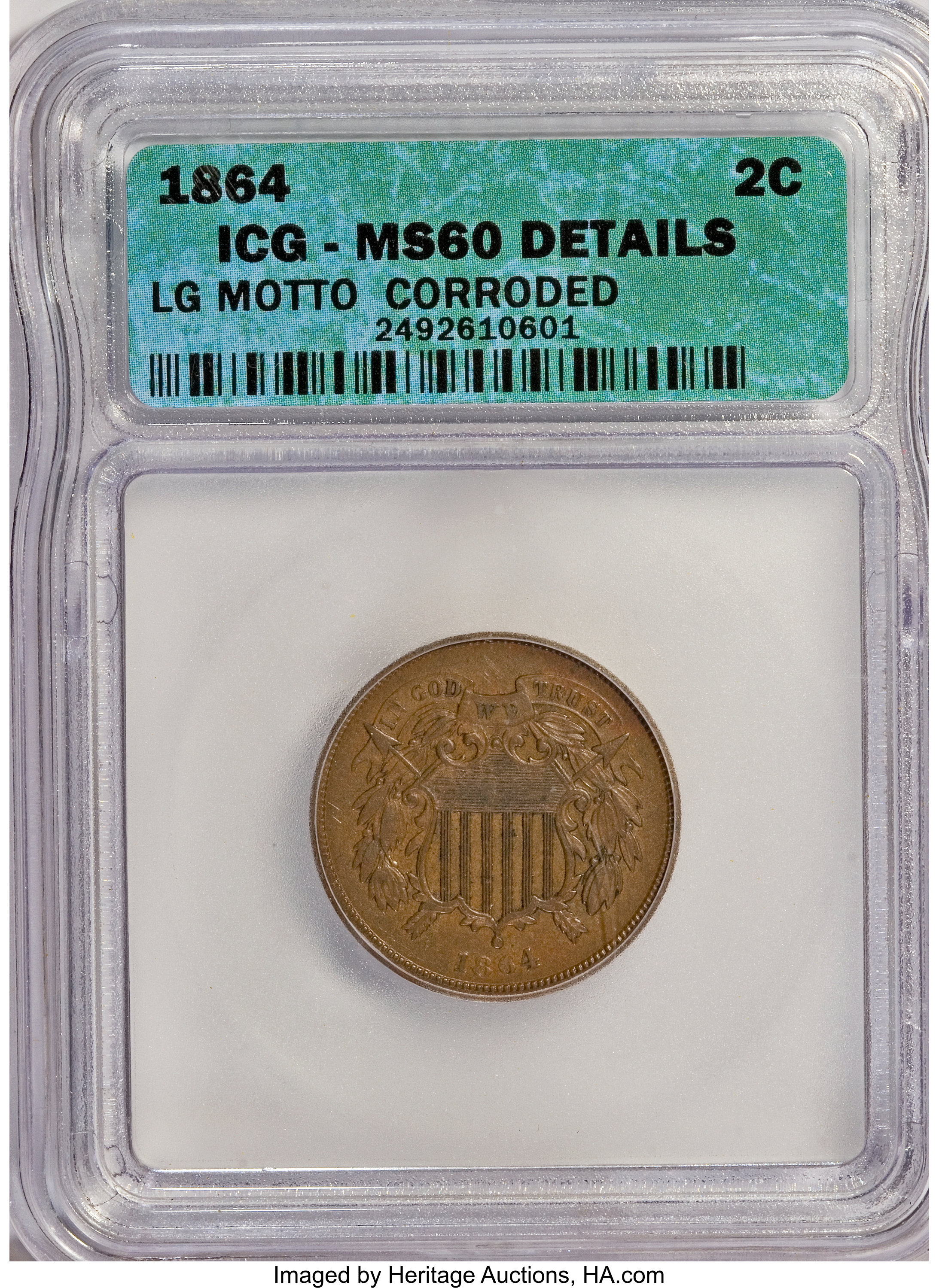 1864 2C Large Motto Red and Brown--Corroded--ICG. MS60 Details. NGC Census: (0/7). PCGS Population (5/1669). Mintage: 19,84...