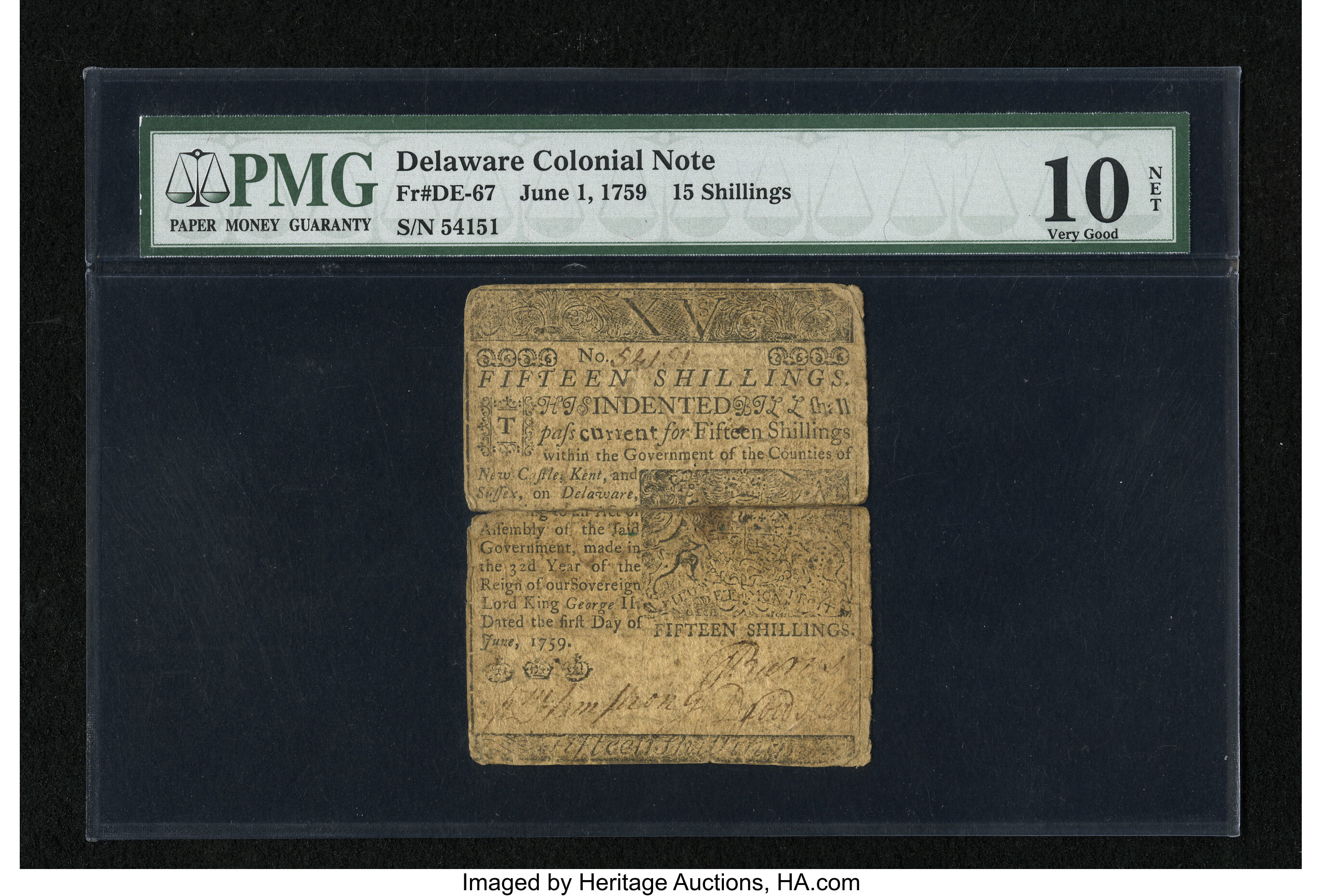 image for: Delaware June 1, 1759 15s PMG Very Good 10 Net....