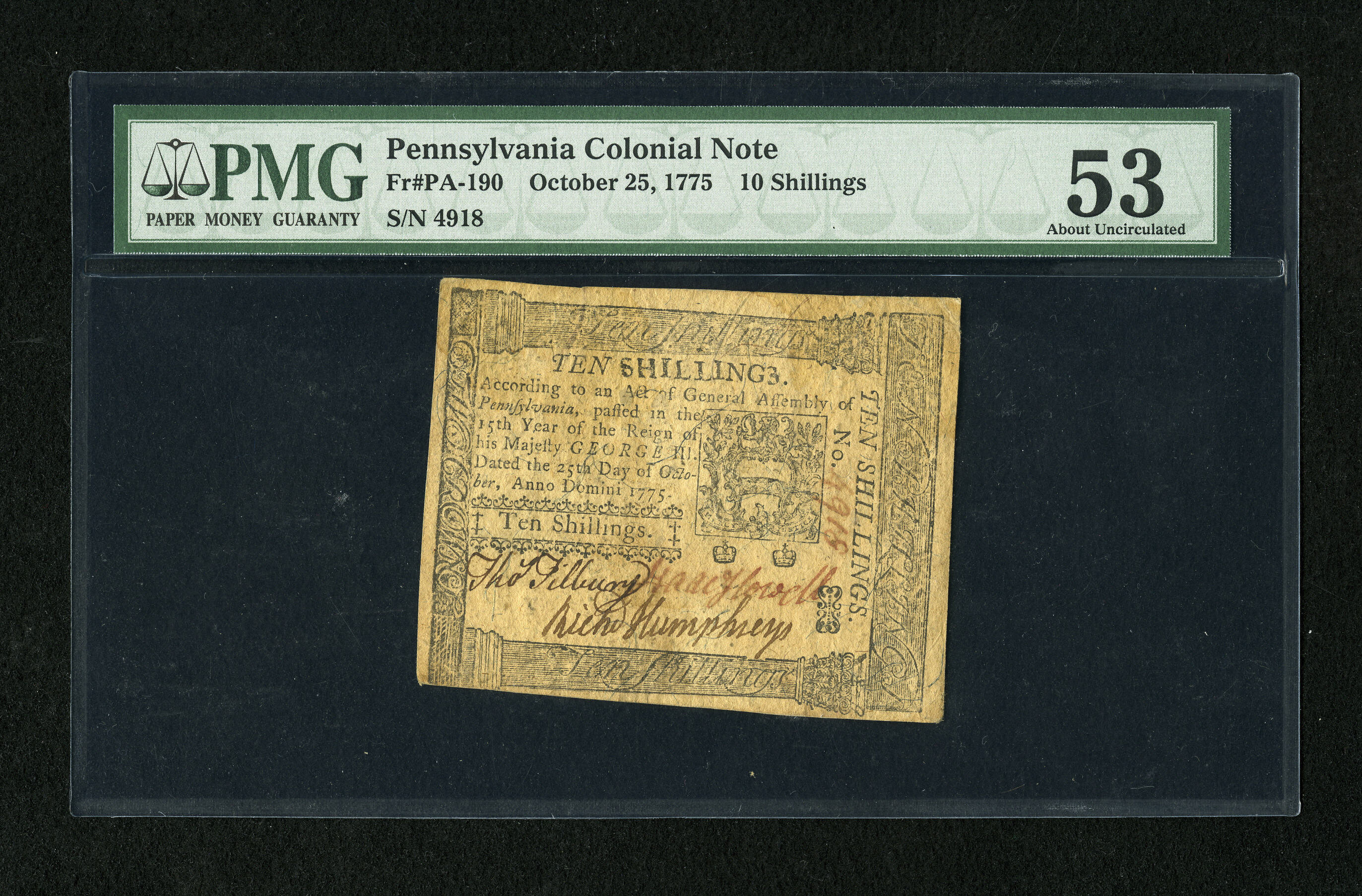 image for: Pennsylvania October 25, 1775 10s PMG About Uncirculated 53....