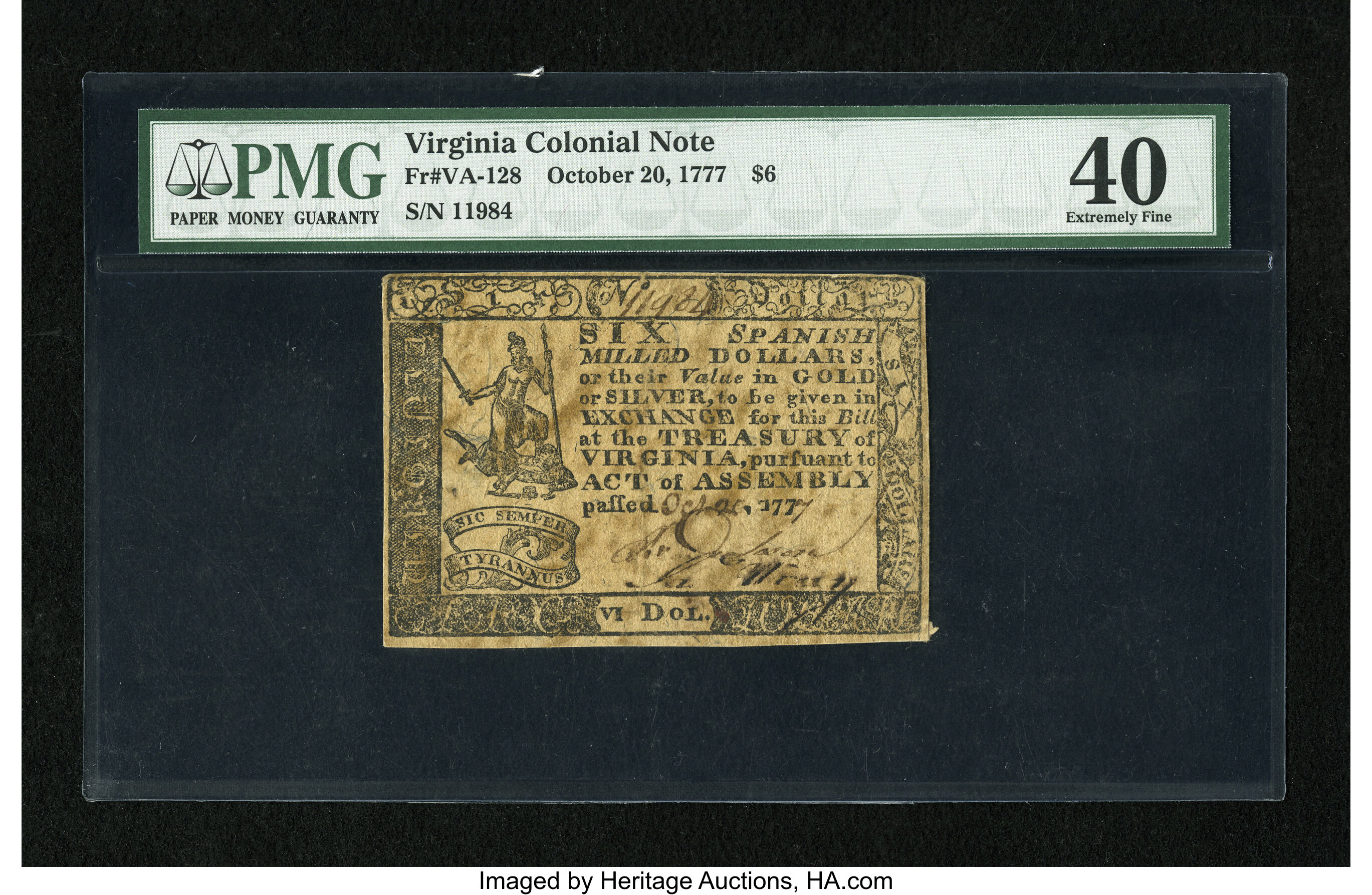 image for: Virginia October 20, 1777 $6 PMG Extremely Fine 40....