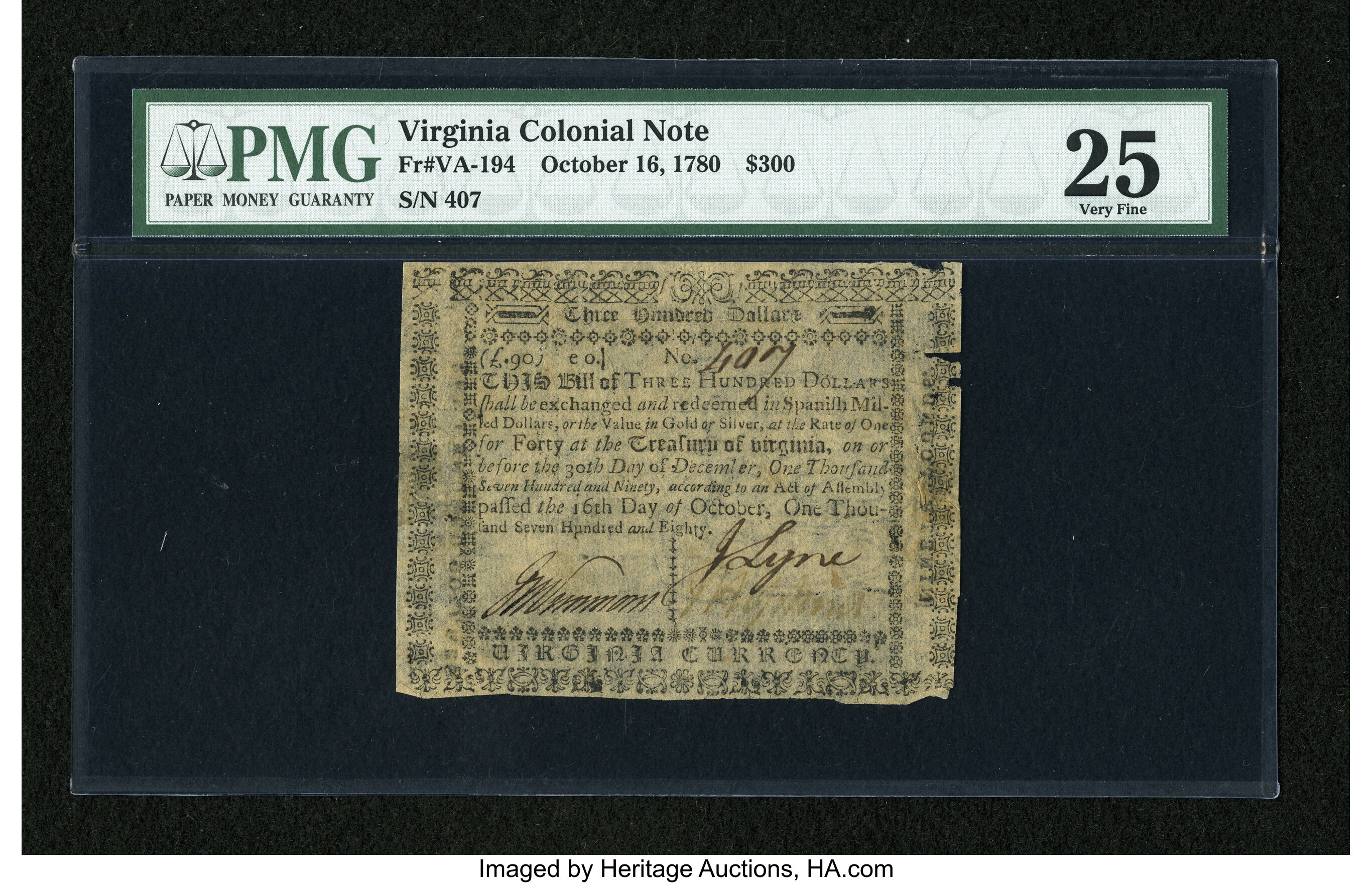 image for: Virginia October 16, 1780 $300 PMG Very Fine 25....