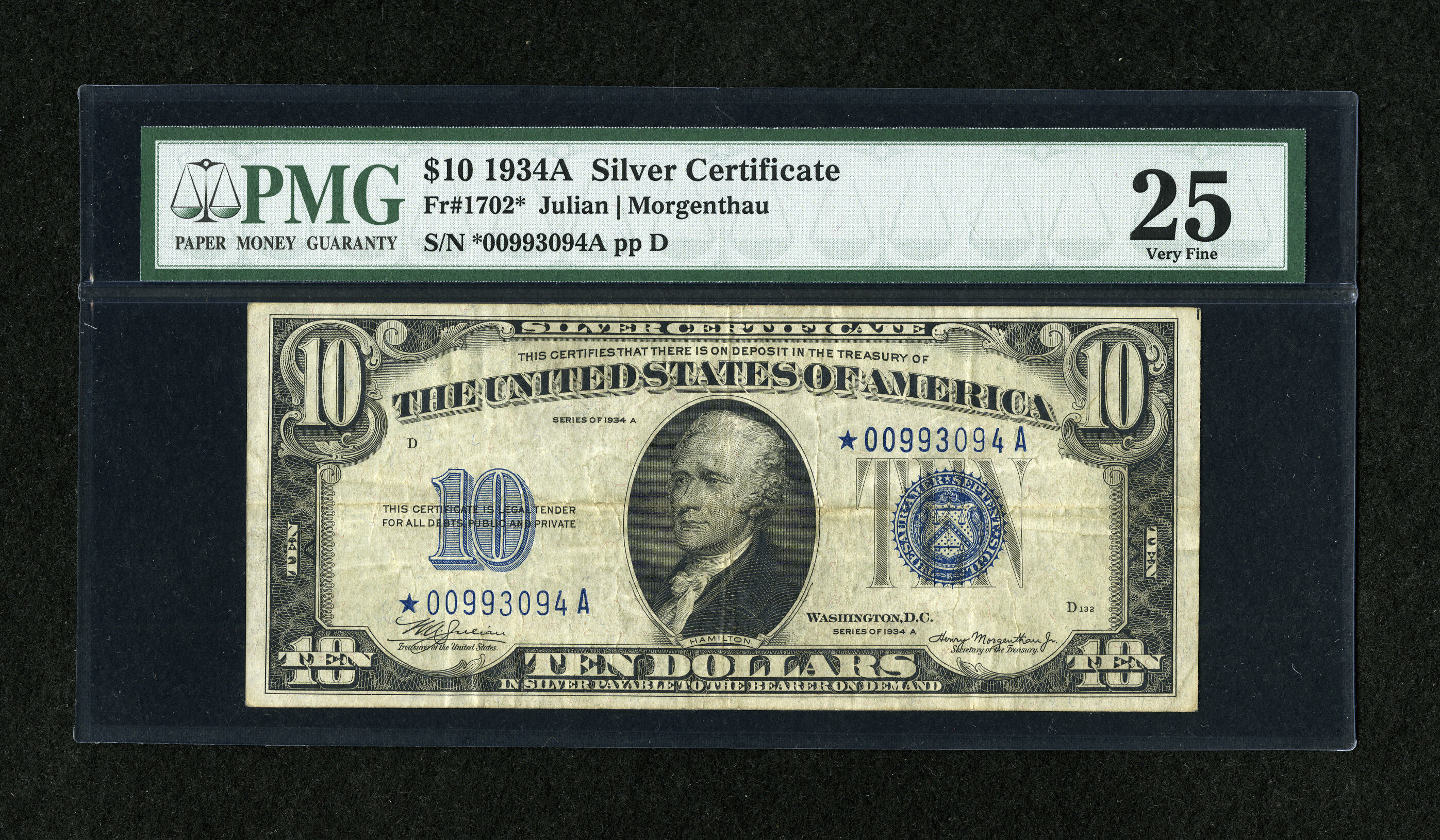 image for: Fr. 1702* $10 1934A Silver Certificate Star. PMG Very Fine 25....