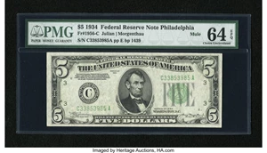 image for: Fr. 1956-C $5 1934 Mule Federal Reserve Note. PMG Choice Uncirculated 64 EPQ....