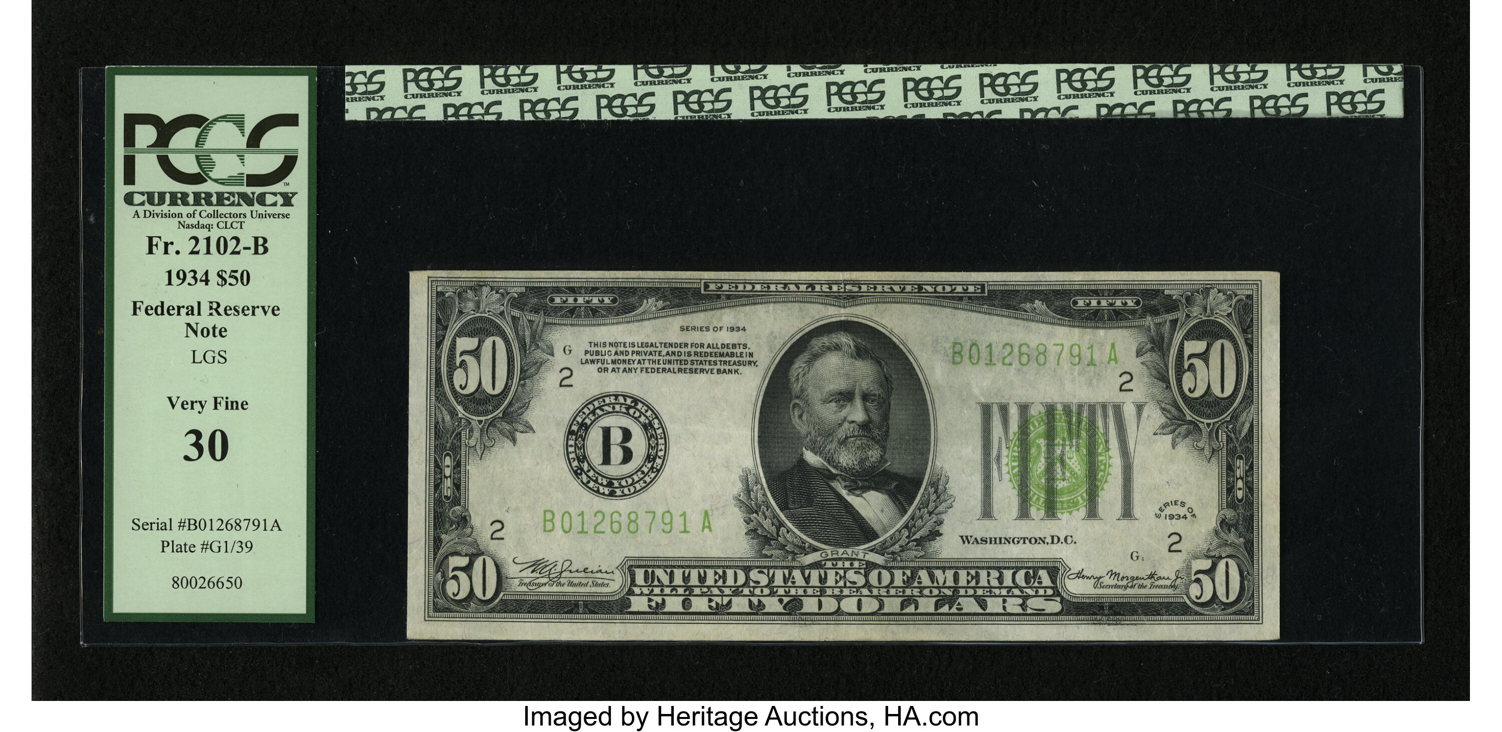image for: Fr. 2102-B $50 1934 Light Green Seal Federal Reserve Note. PCGS Very Fine 30....