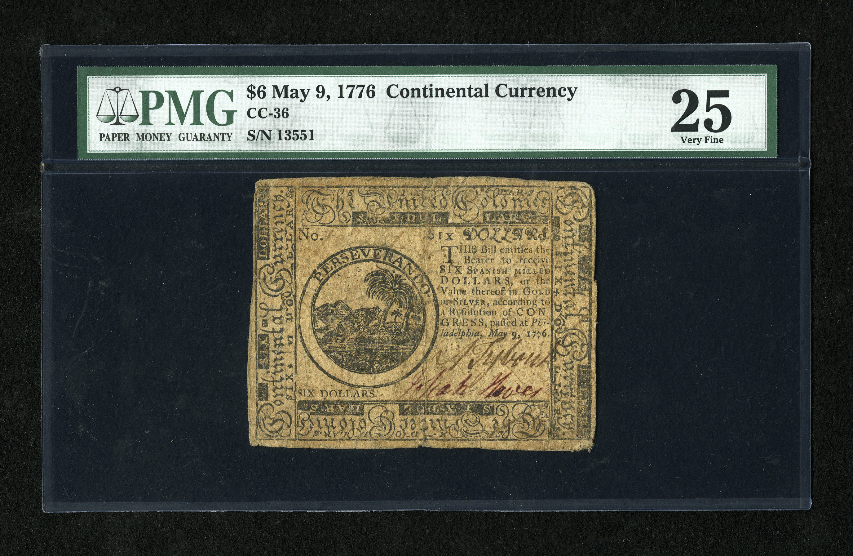 image for: Continental Currency May 9, 1776 $6 PMG Very Fine 25....