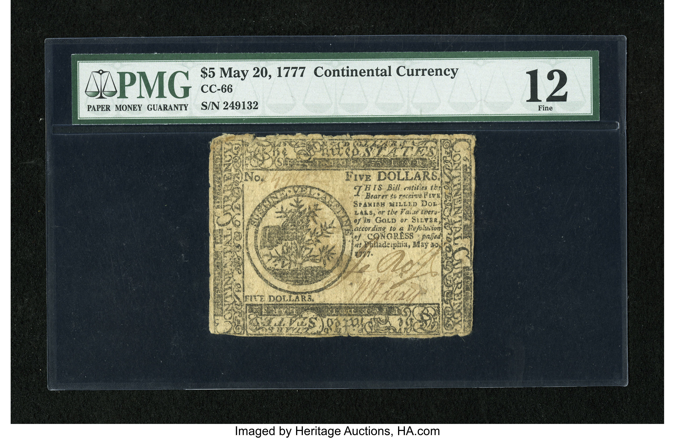 image for: Continental Currency May 20, 1777 $5 PMG Fine 12....