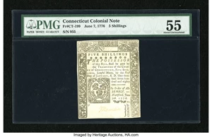 image for: Connecticut June 7, 1776 5s Uncancelled PMG About Uncirculated 55....