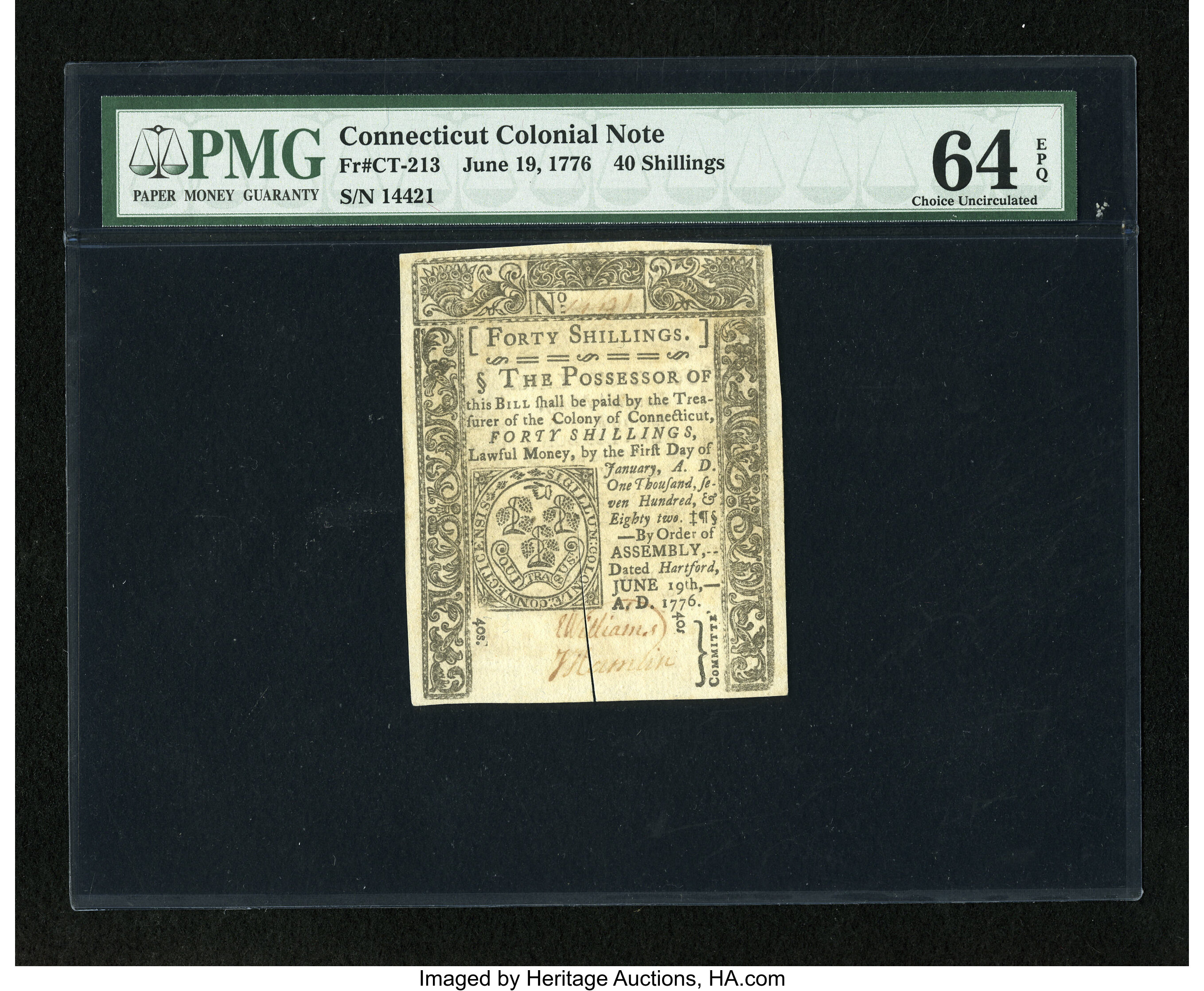 image for: Connecticut June 19, 1776 40s Slash Cancel PMG Choice Uncirculated 64 EPQ....