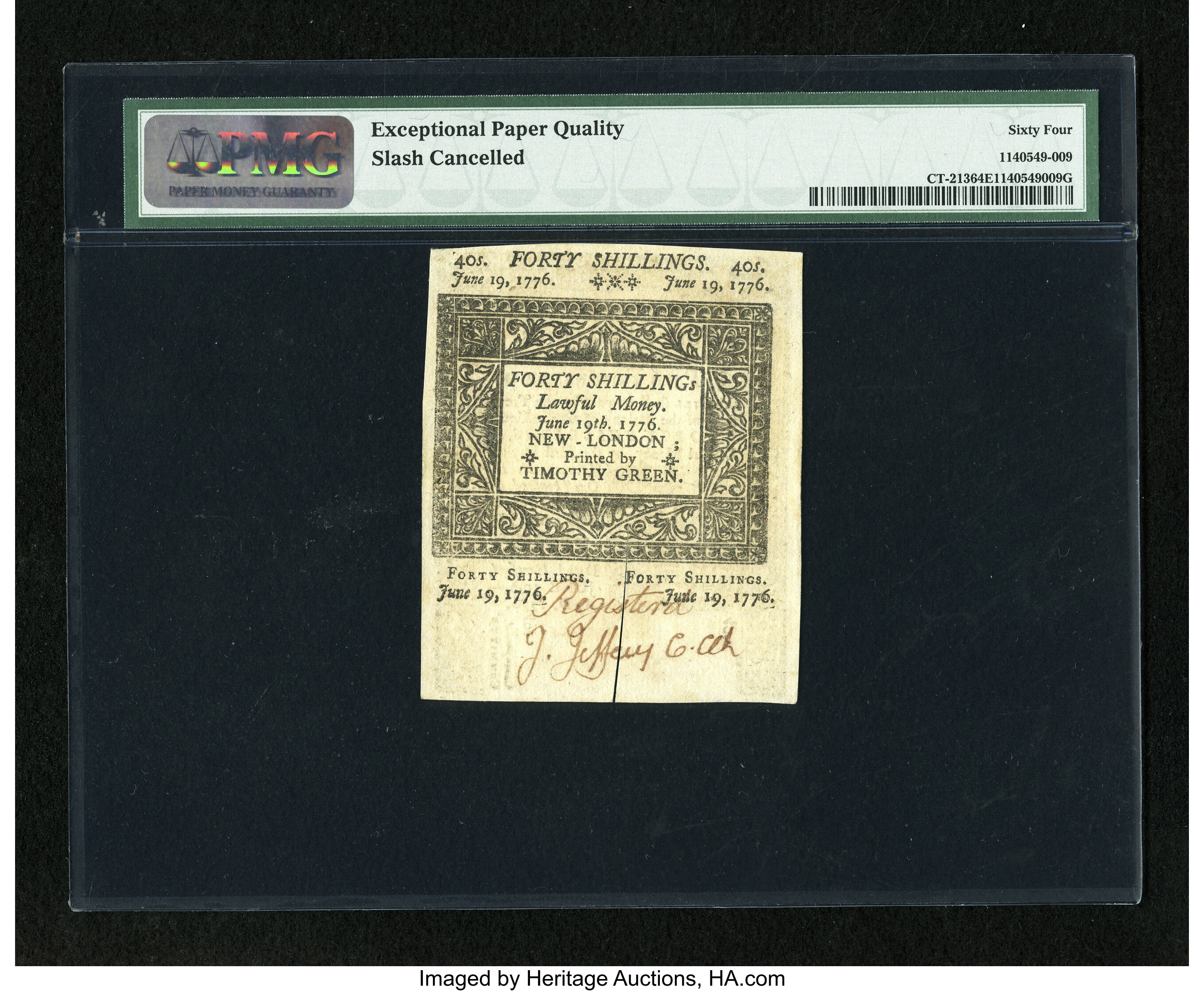 image for: Connecticut June 19, 1776 40s Slash Cancel PMG Choice Uncirculated 64 EPQ....