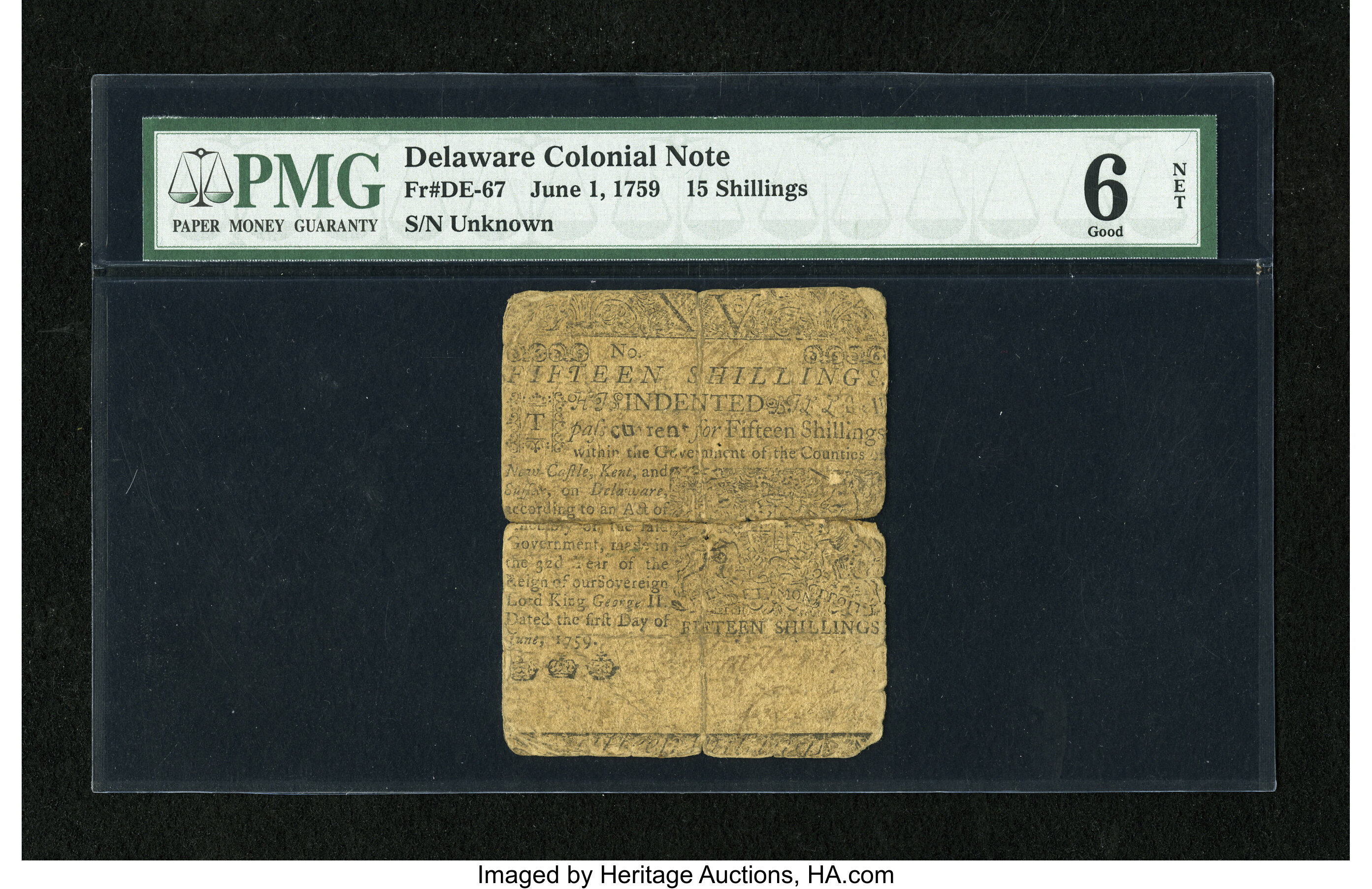 image for: Delaware June 1, 1759 15s PMG Good 6 Net....