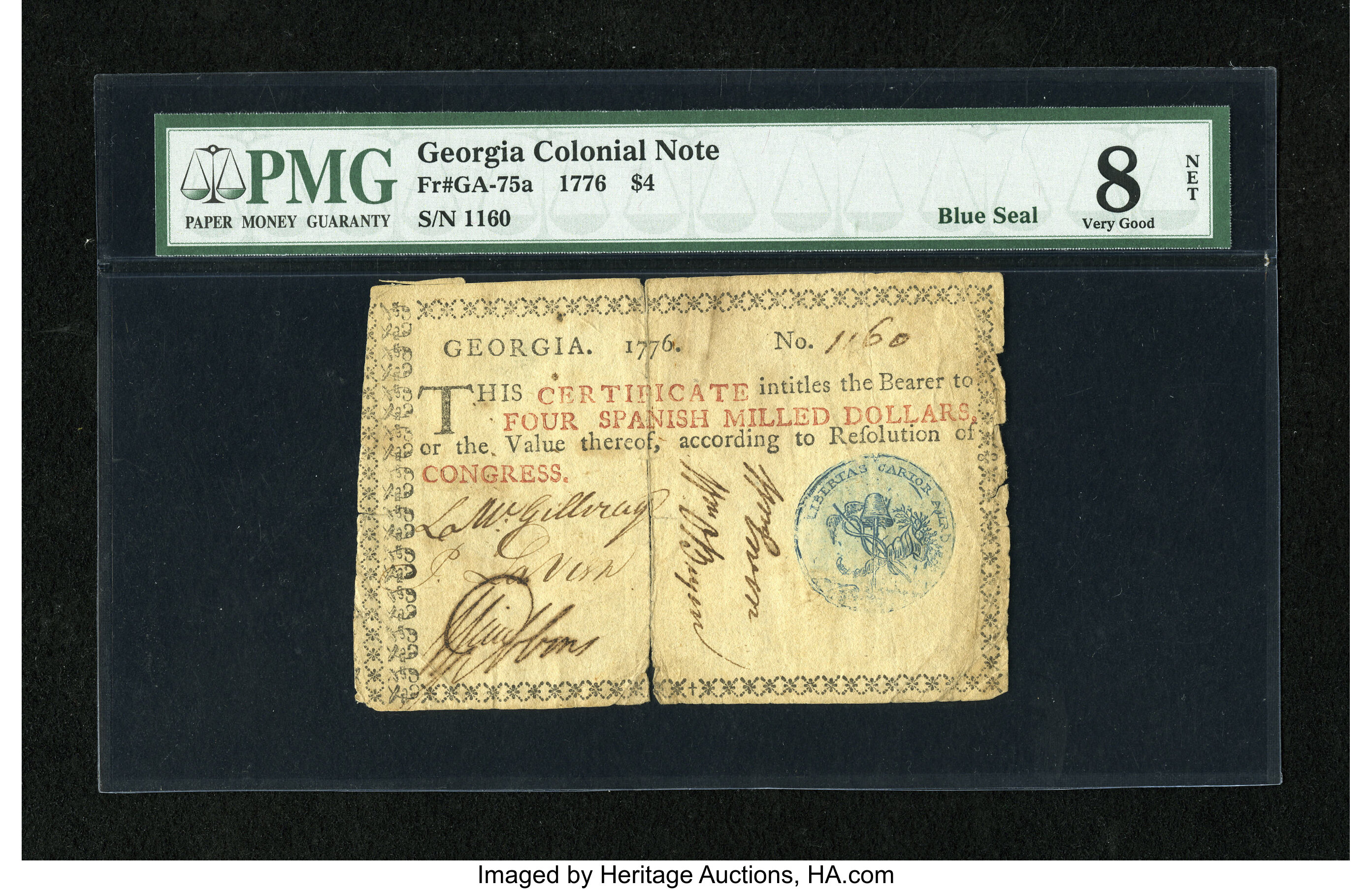 image for: Georgia 1776 $4 Blue Seal PMG Very Good 8 Net....