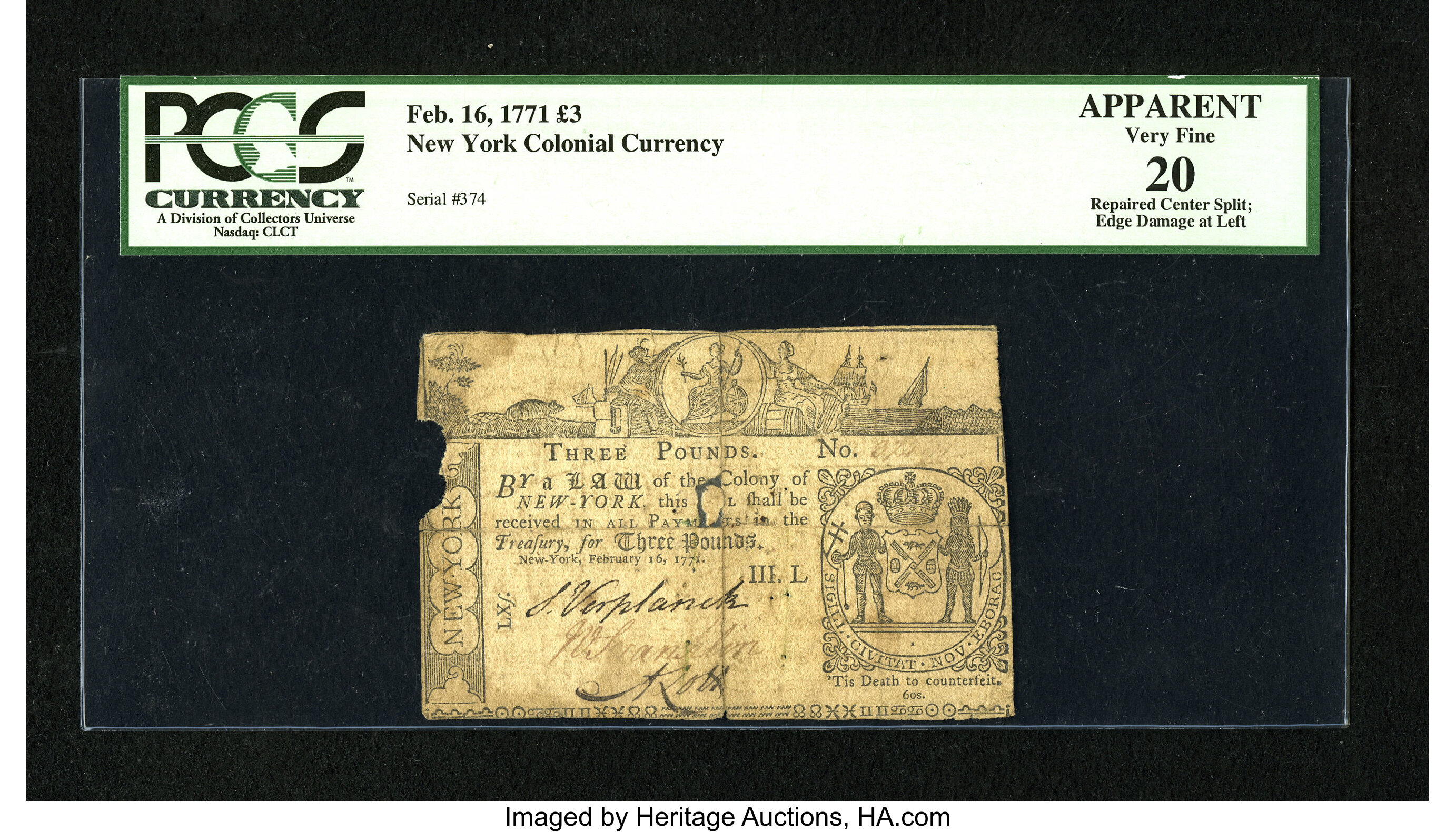 image for: New York February 16, 1771 £3 PCGS Apparent Very Fine 20....