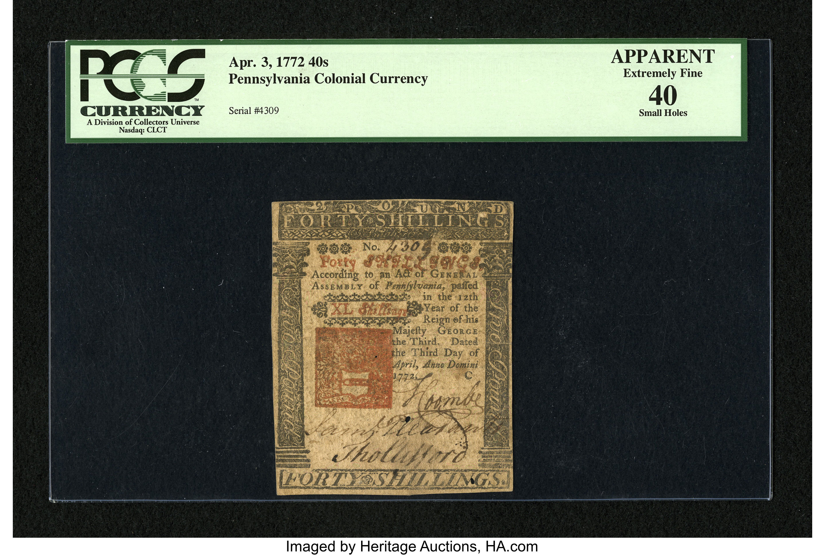 image for: Pennsylvania April 3, 1772 40s PCGS Apparent Extremely Fine 40....