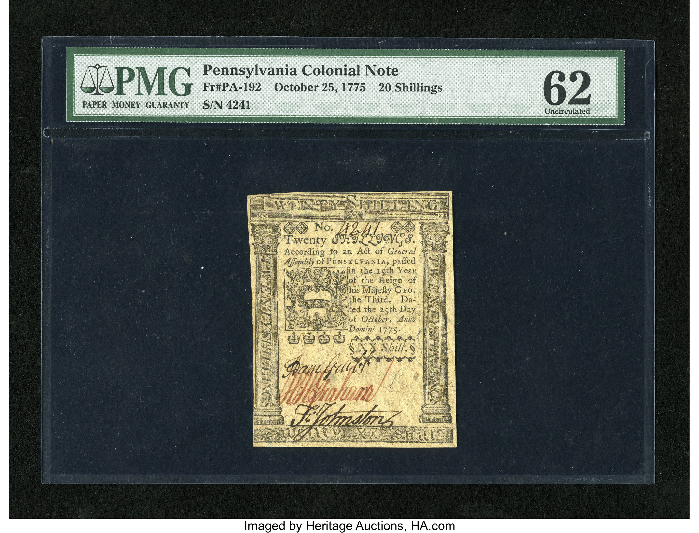 image for: Pennsylvania October 25, 1775 20s PMG Uncirculated 62....