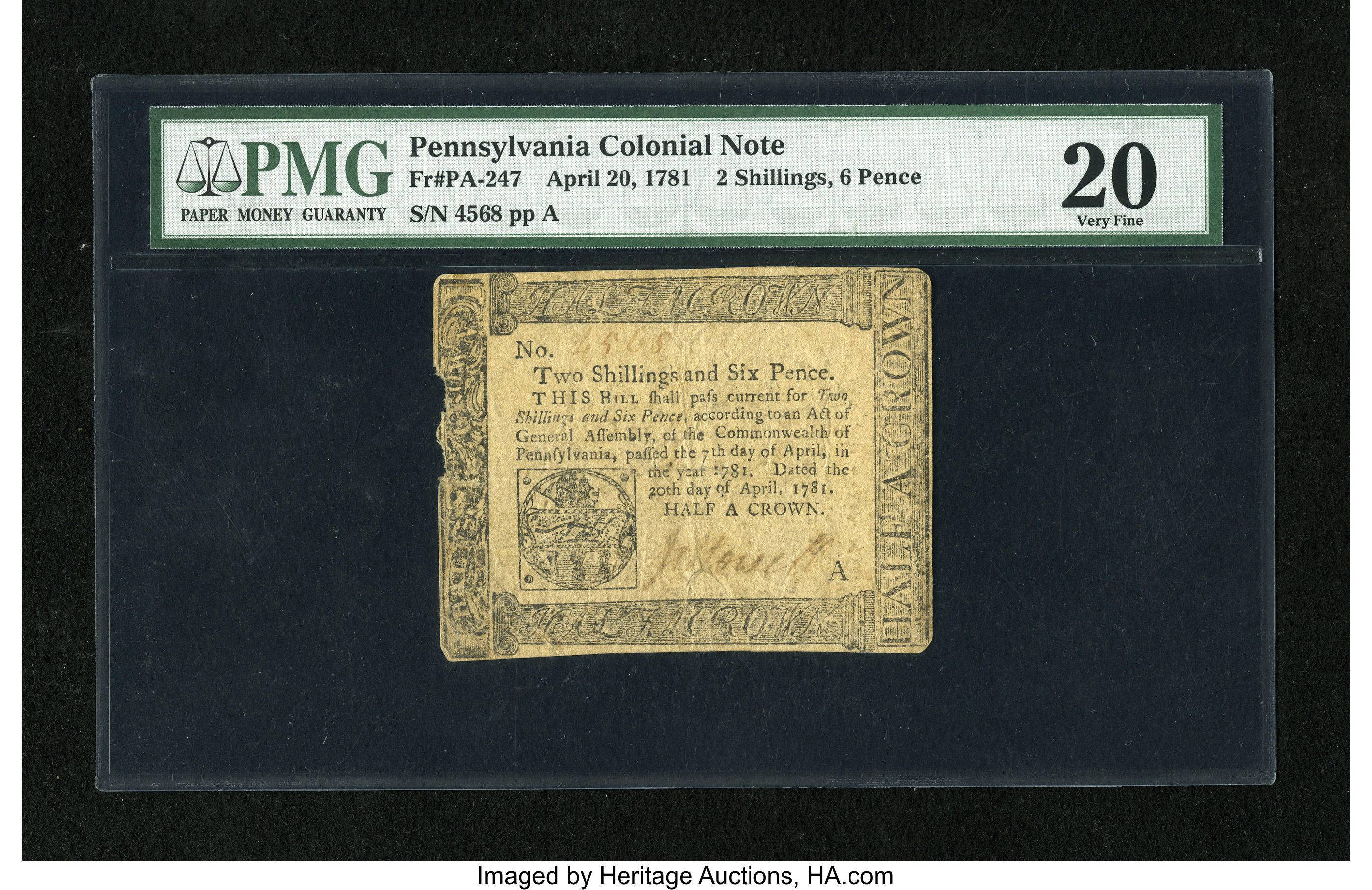 image for: Pennsylvania April 20, 1781 2s/6d PMG Very Fine 20....