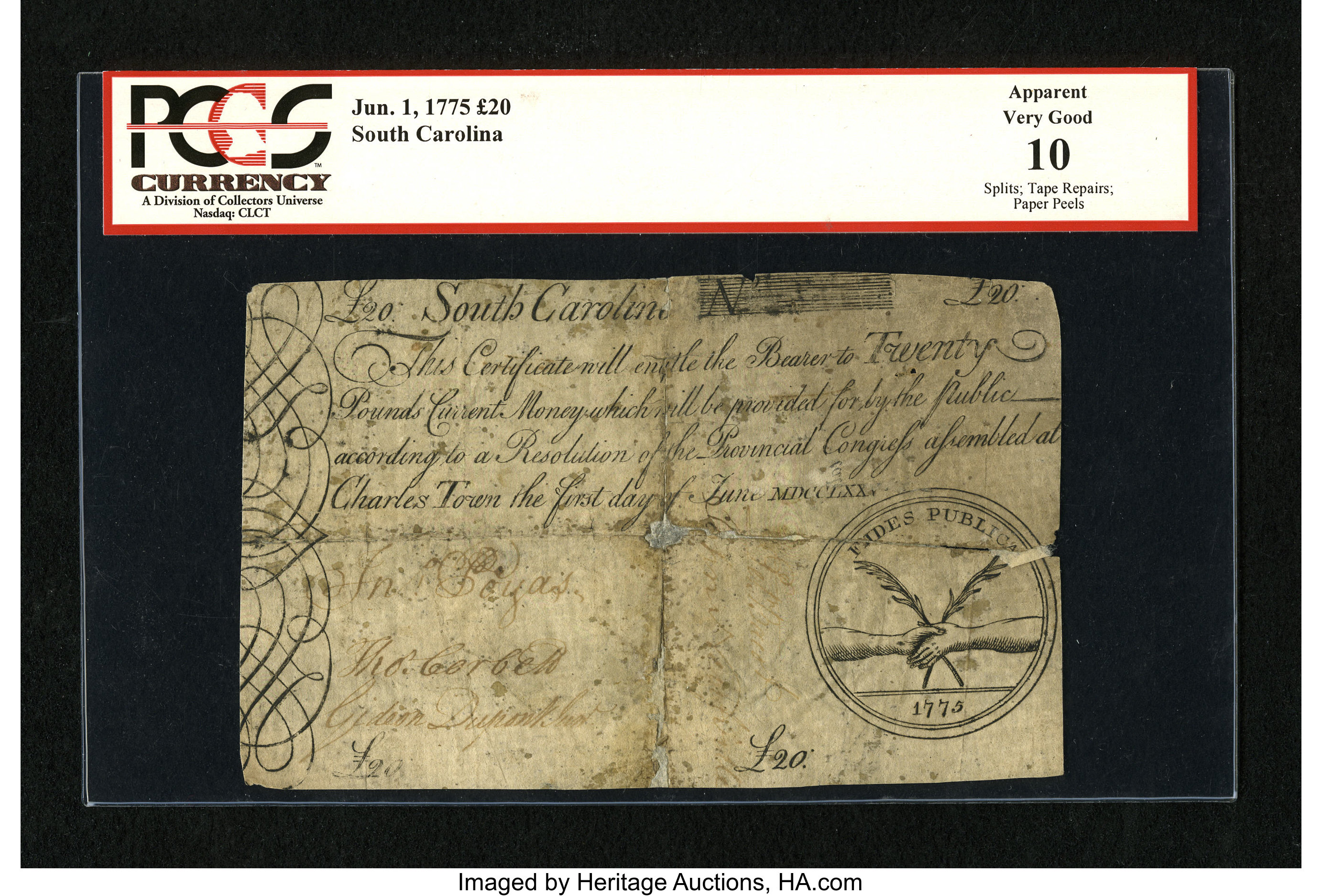 image for: South Carolina June 1, 1775 £20 PCGS Apparent Very Good 10....