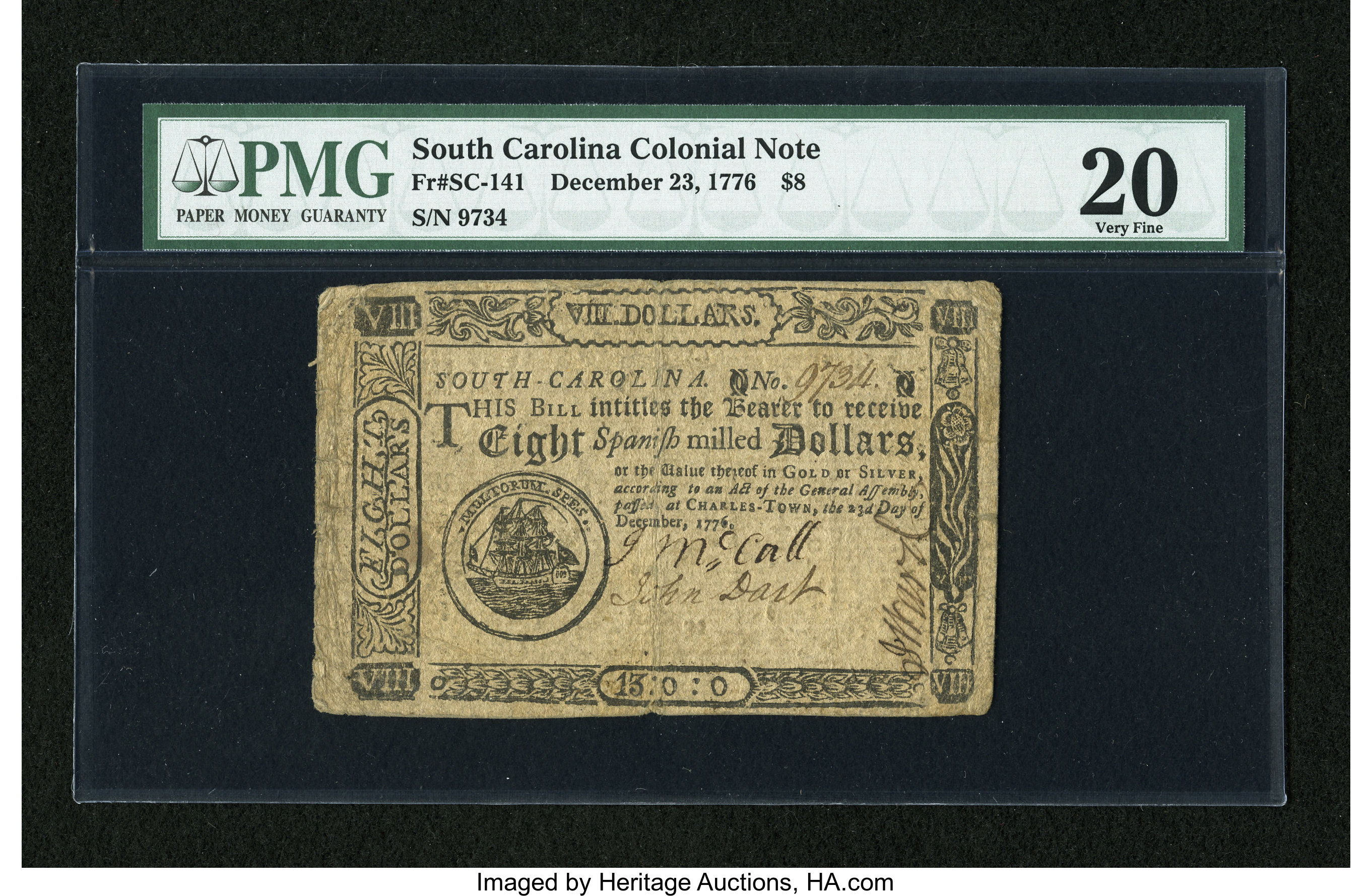 image for: South Carolina December 23, 1776 $8 Fully Signed PMG Very Fine 20....