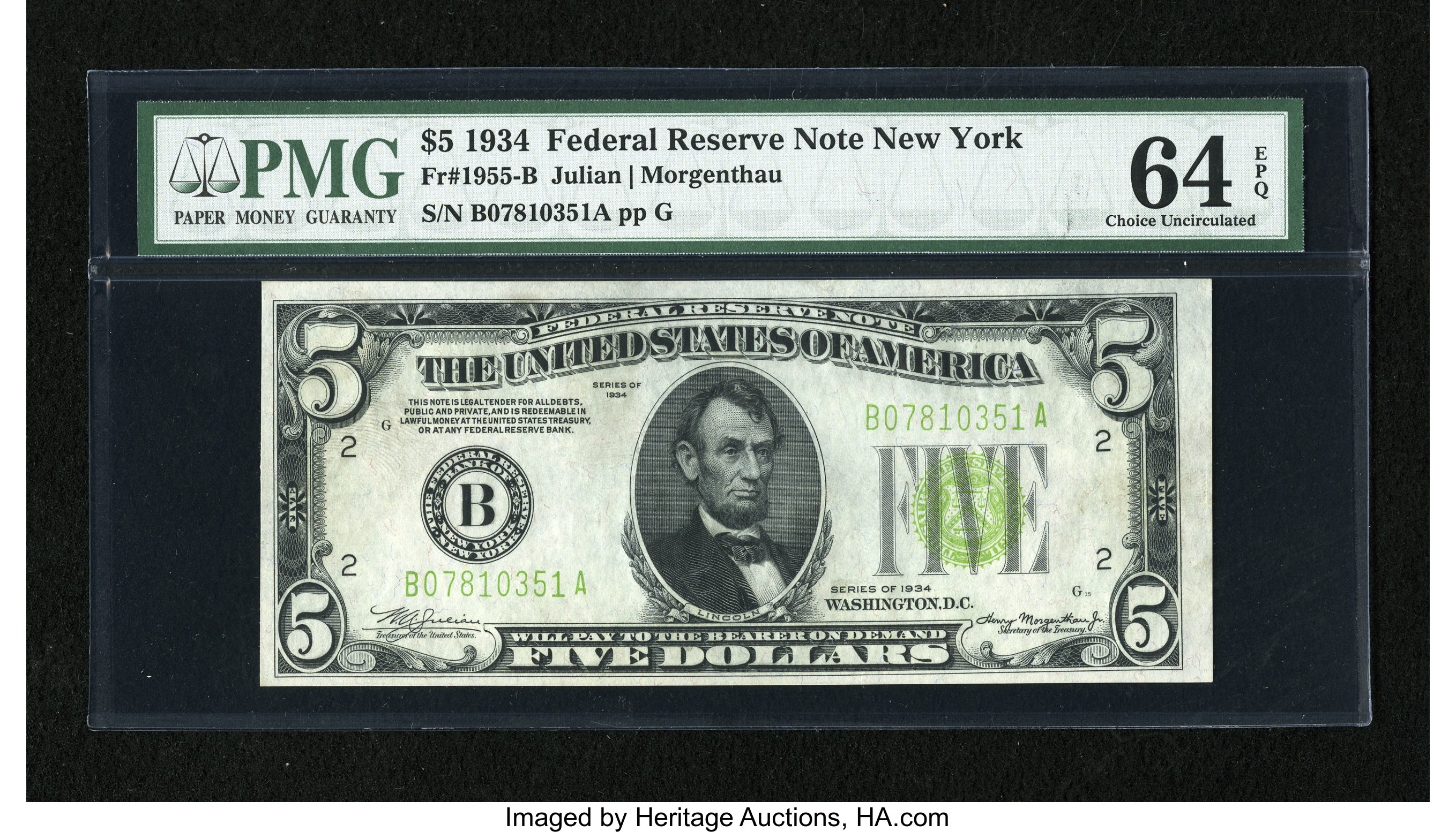 image for: Fr. 1955-B $5 1934 LGS Federal Reserve Note. PMG Choice Uncirculated 64 EPQ....
