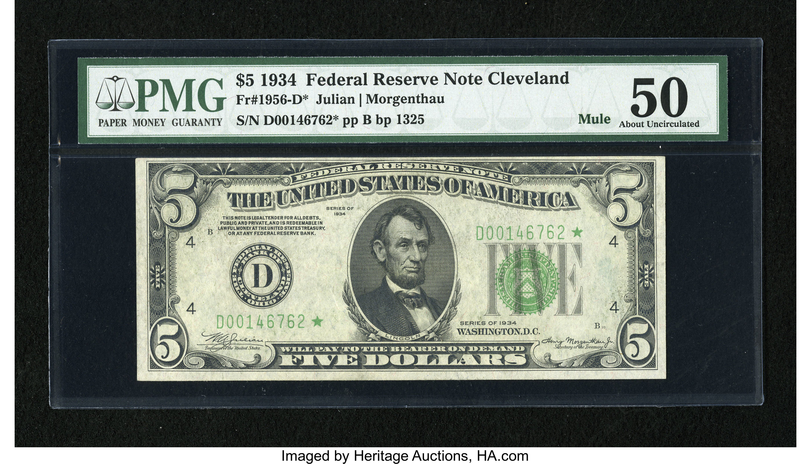 image for: Fr. 1956-D* $5 1934 Mule Federal Reserve Note. PMG About Uncirculated 50....