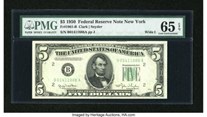 image for: Fr. 1961-B $5 1950 Wide I Federal Reserve Note. PMG Gem Uncirculated 65 EPQ....