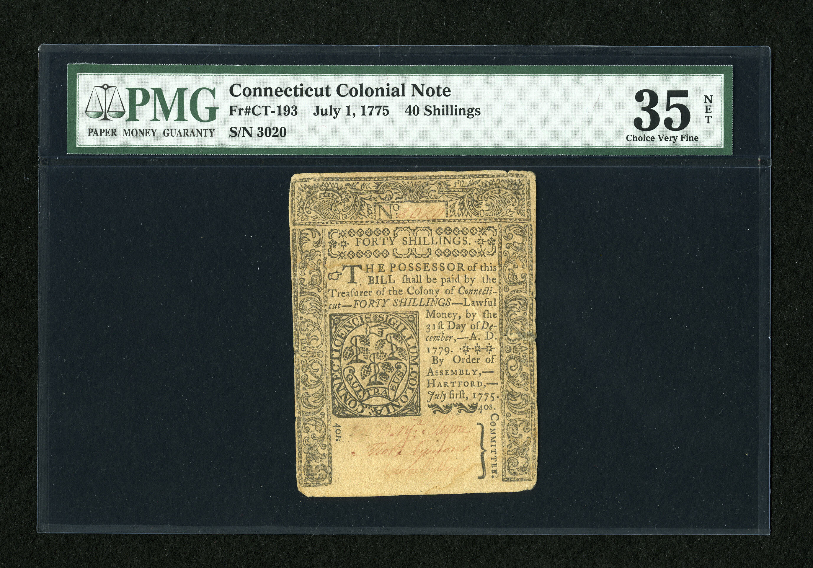 image for: Connecticut July 1, 1775 40s PMG Choice Very Fine 35 Net....