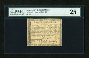 image for: New Jersey June 9, 1780 $4 PMG Very Fine 25....