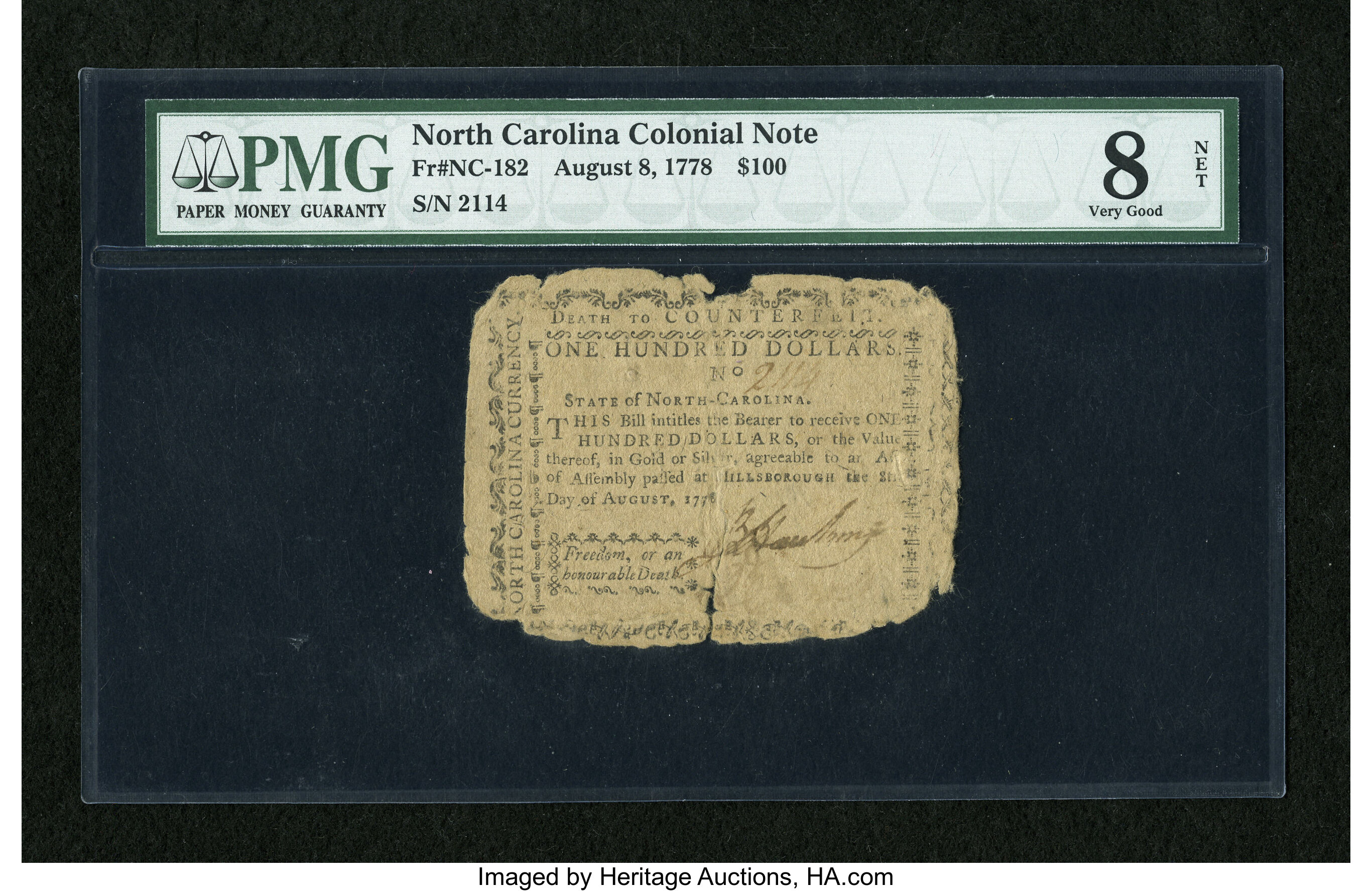 image for: North Carolina August 8, 1778 $100 PMG Very Good 8 Net....
