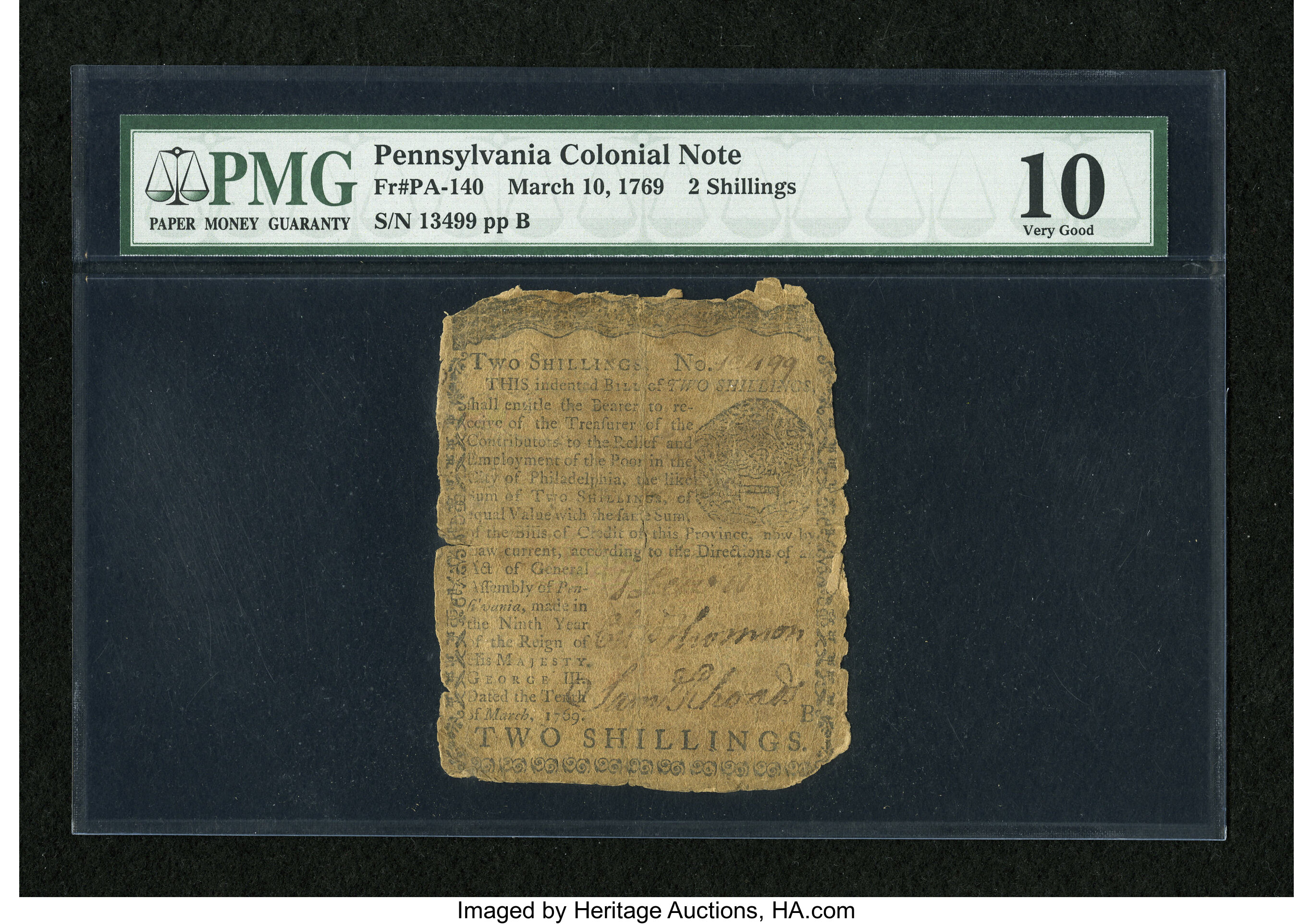 image for: Pennsylvania March 10, 1769 2s PMG Very Good 10....