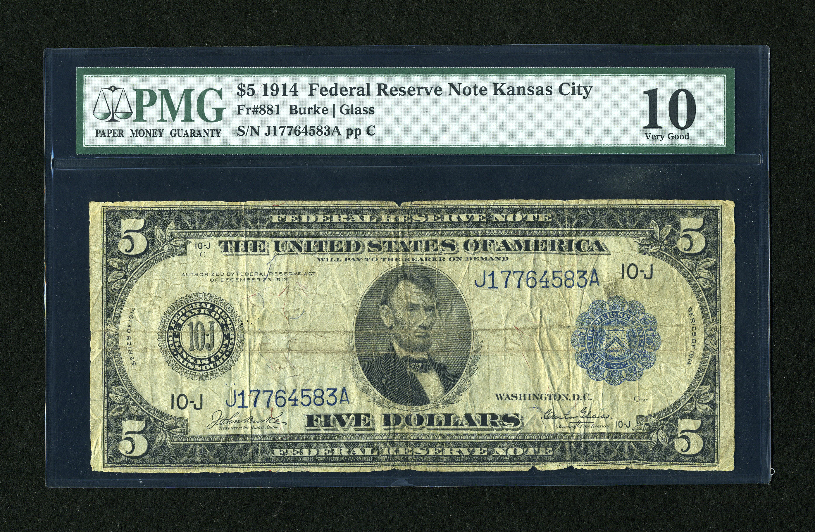 image for: Fr. 881 $5 1914 Federal Reserve Note PMG Very Good 10....