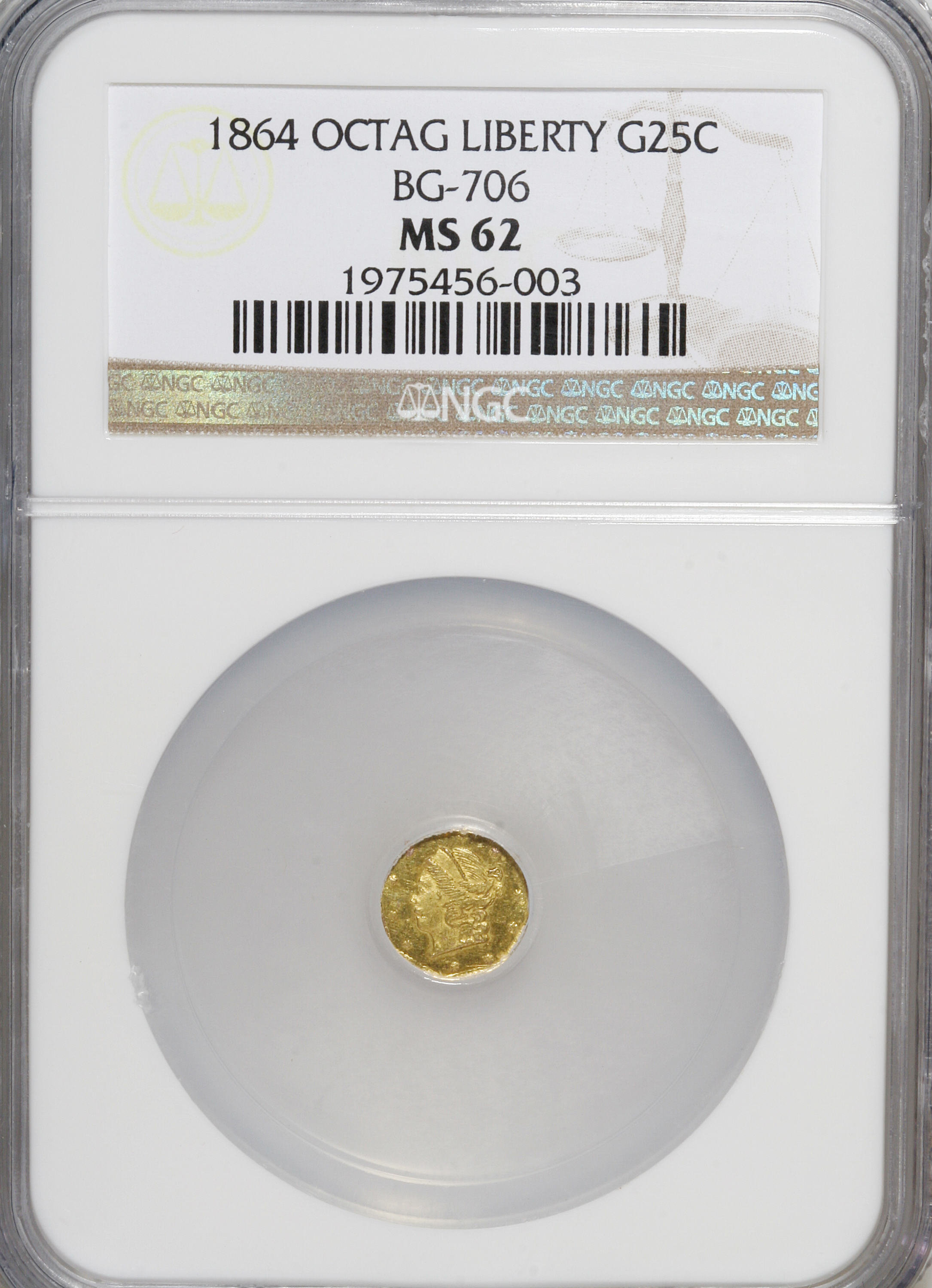 image for: 1864 25C Liberty Octagonal 25 Cents, BG-706, High R.5, MS62 NGC. NGC Census: (2/5). PCGS Population (5/20).   (#10533)...