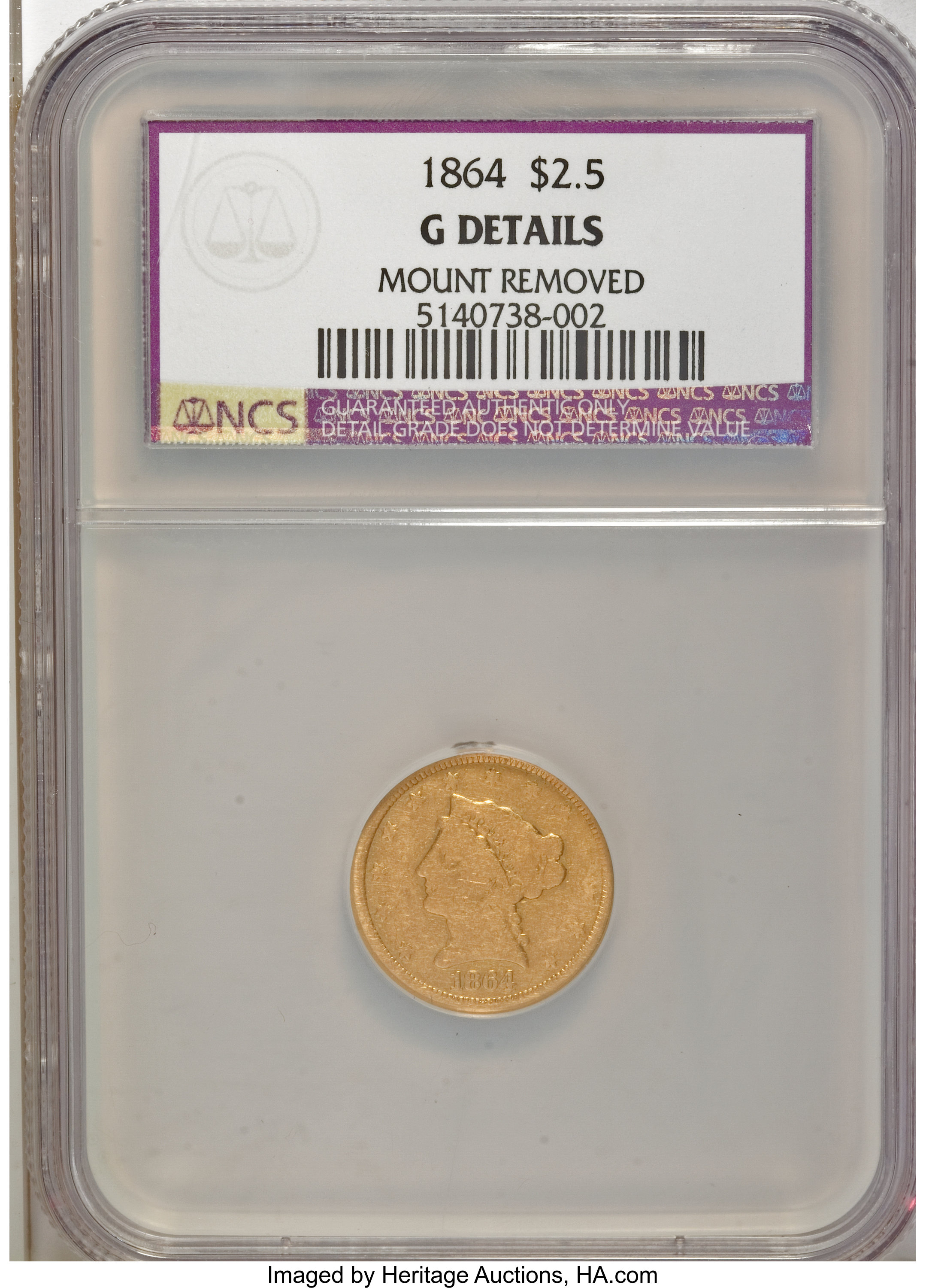 image for: 1864 $2 1/2 --Mount Removed--NCS. Good Details....
